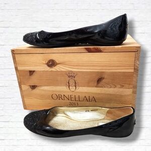 Jimmy Choo Whirl Black Patent Leather Glitter Cap Toe Flats Size 41.5 EU